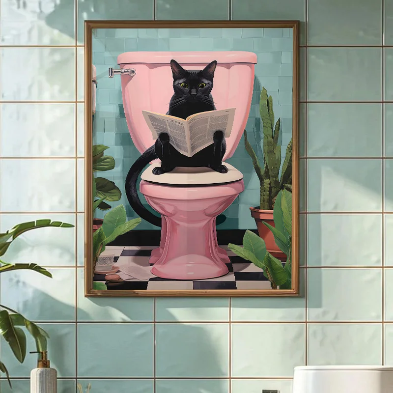 Modern Funny Black Cat Going To Toilet Art Posters Cute Cat Reading Newspaper Canvas Painting Bathroom Living Room Wall Decor