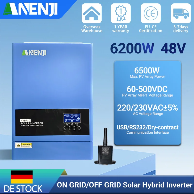 6.2KW 48V Solar Hybrid Inverter On-Grid/Off-Grid Pure Sine Wave Built-in MPPT 120A Solar Charger For 220-240VAC 60-500VDC