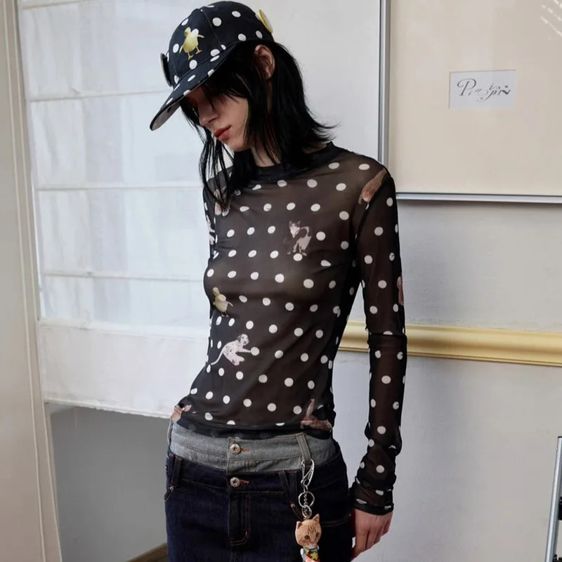 كل جديد وصول المرأة تنوعا الحيوان البولكا نقطة طباعة شبكة شير الخصر تحديد طويلة الأكمام البنطال القصير شيك الشارع الشهير #2