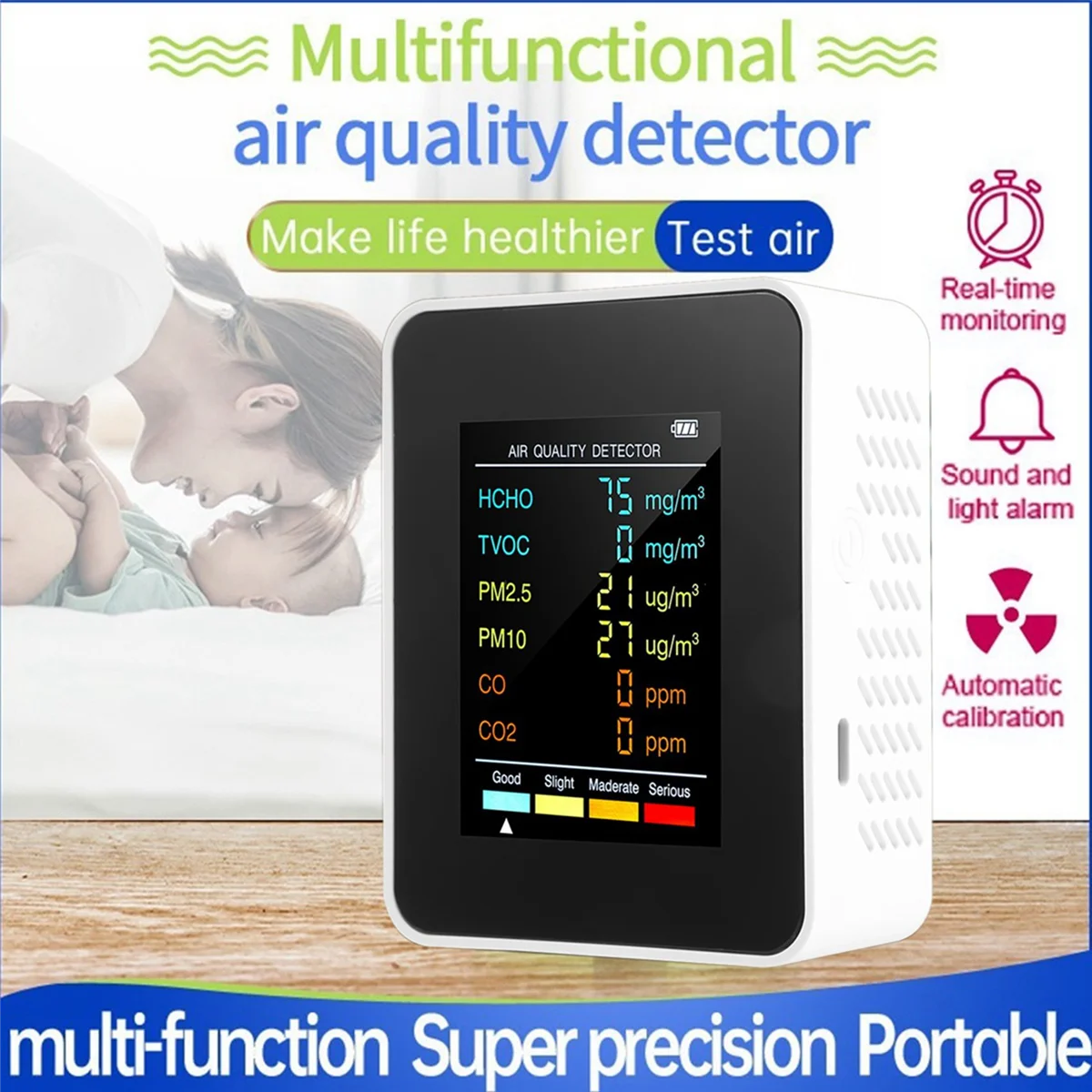 6 en 1 PM2.5 PM10 HCHO TVOC CO CO2 Detector de calidad del aire CO CO2 Monitor de formaldehído Probador de calidad del aire para el hogar y la Oficina, Negro