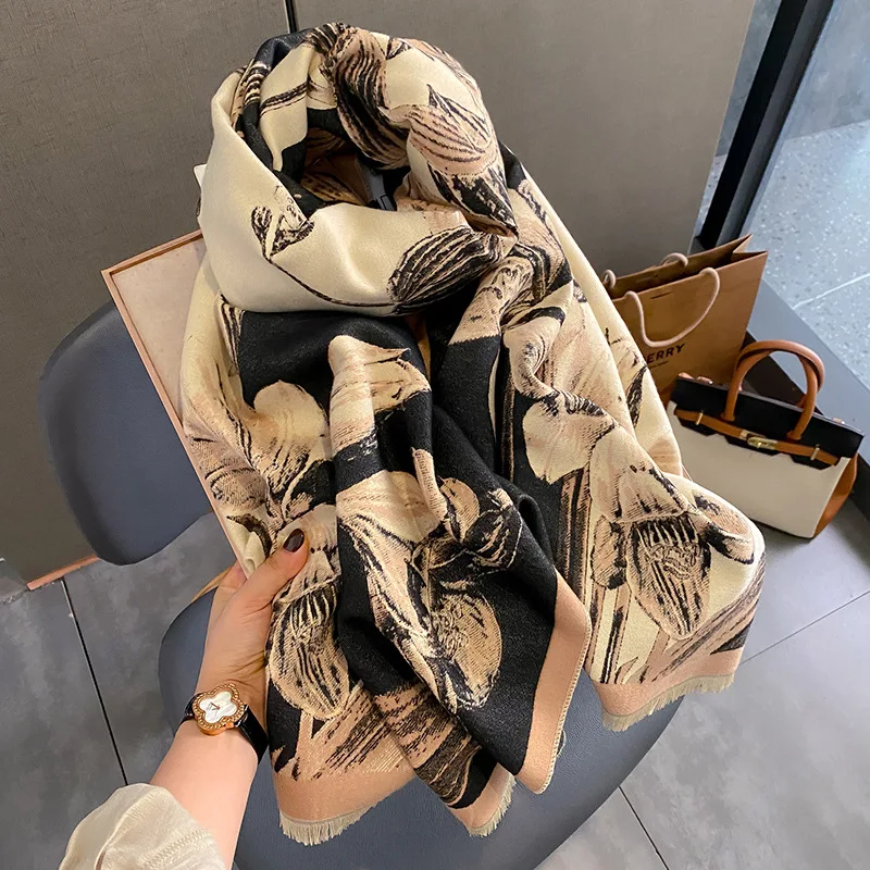 Thick Print Cashmere Blanket Scarf Women Fashion Floral Winter Pashmina Warm Shawl Wraps Female Travel Casual Poncho Tassel