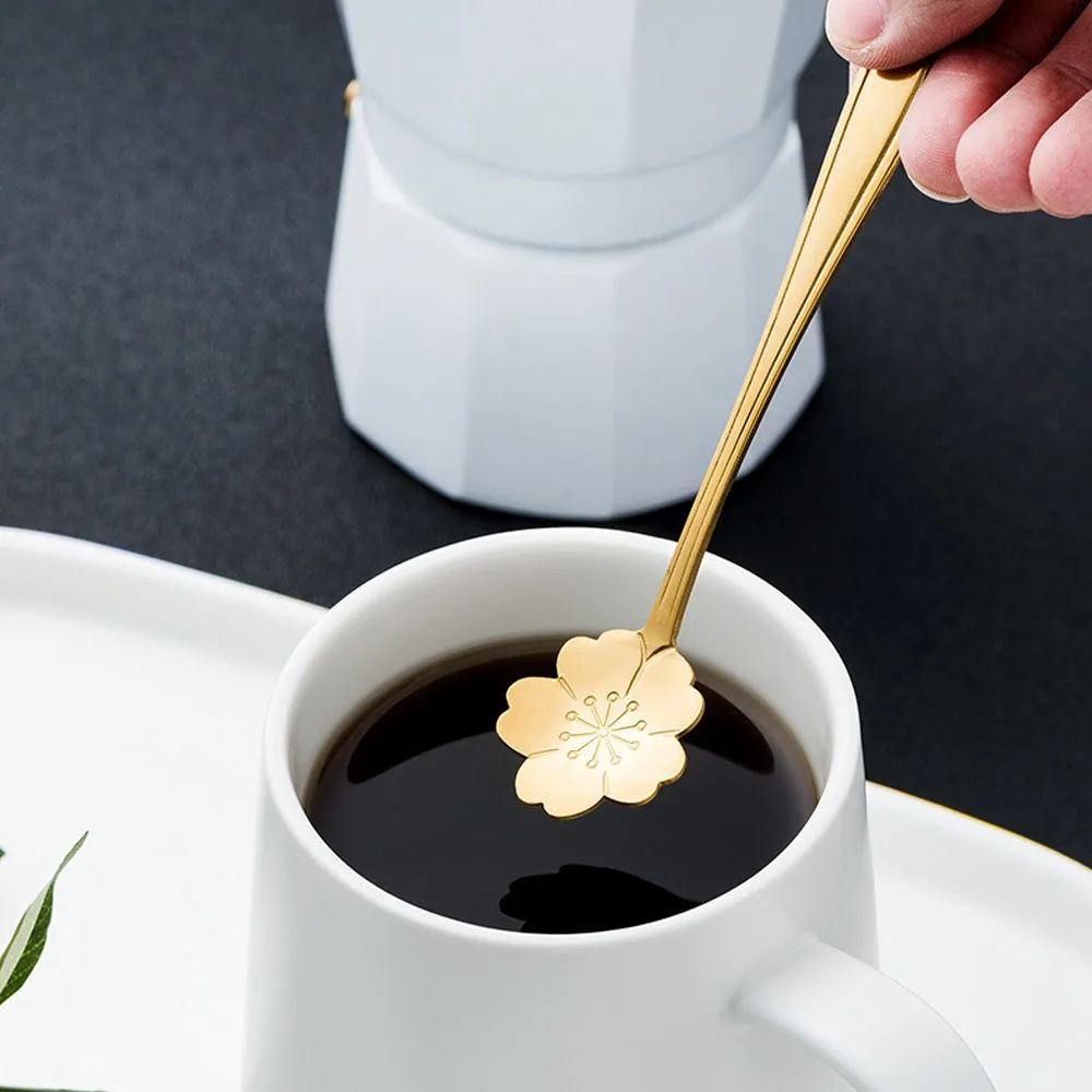 6pcs Stainless Steel Heart Rose Flower Gold Scoop Coffee Spoon Gifts Kitchen Dessert Dining Accessories Tableware Decoration Set
