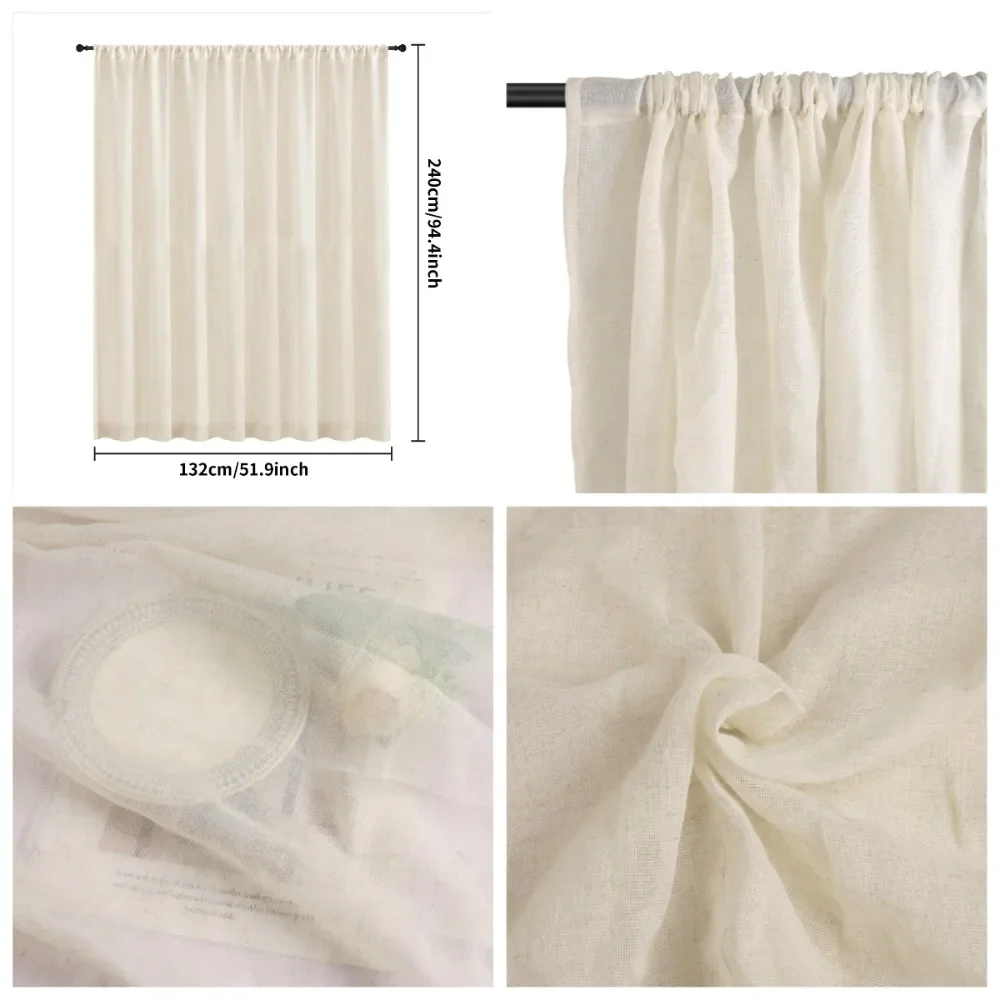 Linen Curtains 160cm/240cm Length for Living Room Bedroom Rod Pocket Light Filtering Semi Window Curtain Boho Farmhouse Drapes