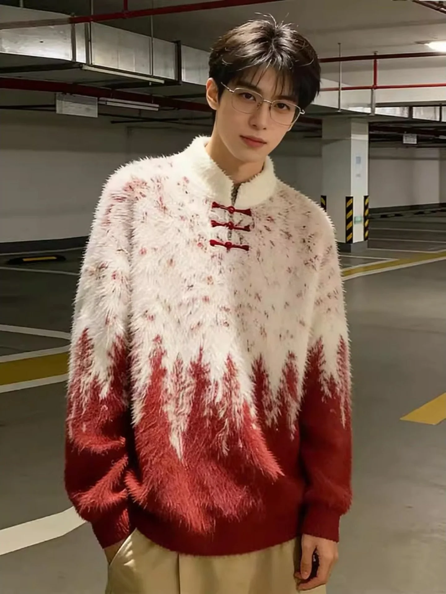 

New Chinese Sle Knitted Sweater Men's Winter adient Camere Red Sweater Warm Inner Wear Button Stand Collar Long Sve