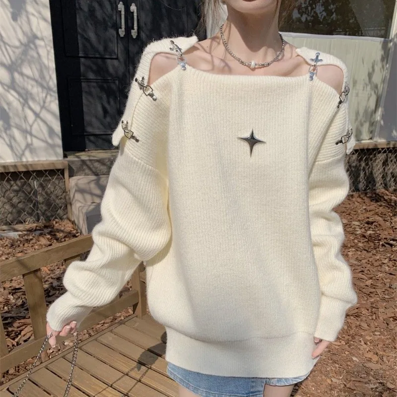 2024 Spring New Large Size Coat Metal Button One Shoulder Pullover Sweater Women\'s Lazy Style Blouse Loose Knitted Fashion Tops