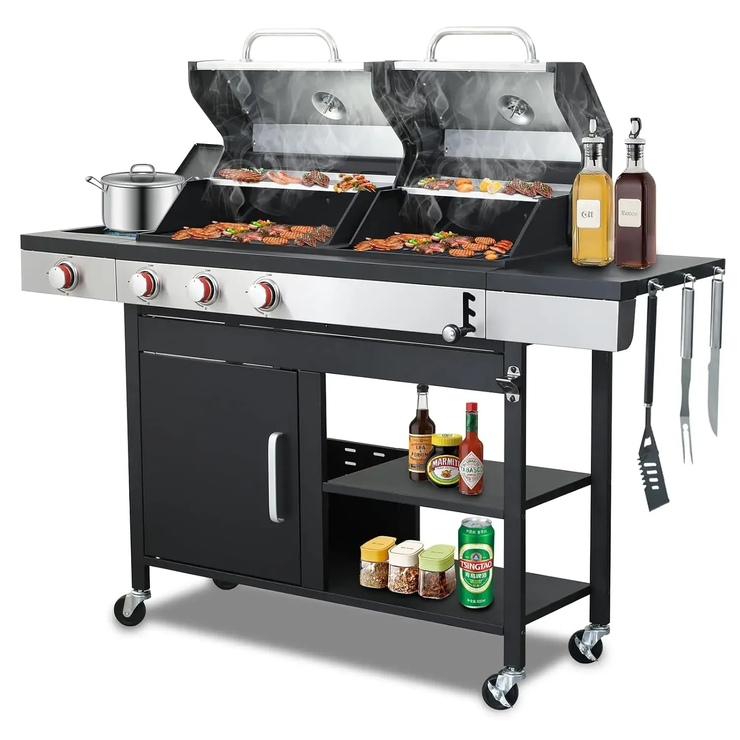 663 SQIN Gas and Charcoal Combo Grill with Side Burner, Customized