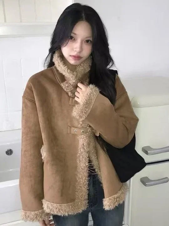 

Korean Sle Thiened Leather And Fur Inteated High-End Women's Coat Winter Design Stand Collar eepskin Warm Trendy Oute...