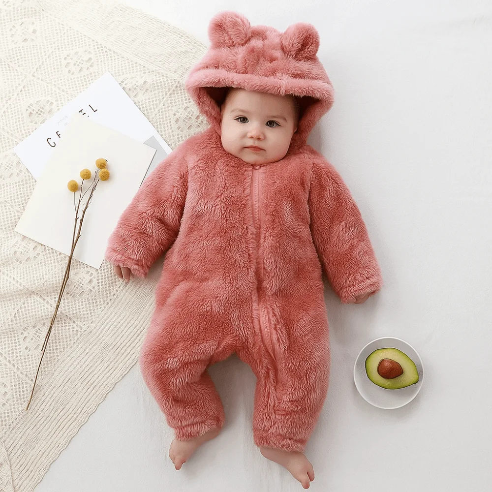 Thick Warm Baby Rompers Bear Shape Coral Fleece Infant Jumpsuits Soft Velvet Hooded Zipper Newborn Pajamas Winter Season