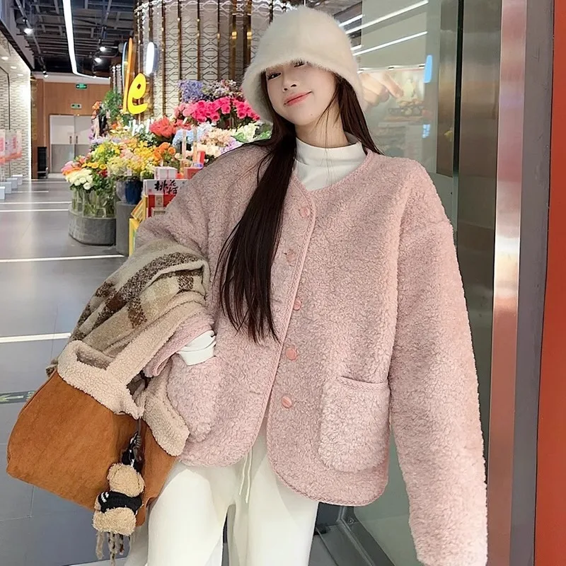 

Vintage Women's Lamb Wool Cropped Coat Single-Breasted Winter Jacket, Korean Streetwear Long Sleeve Outerwear Tops for Women
