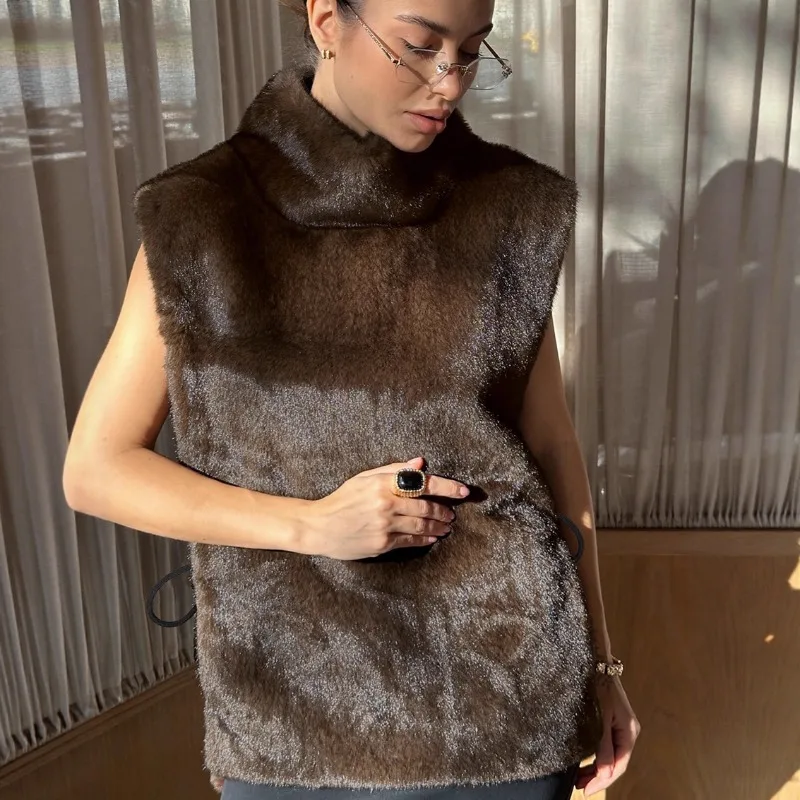 

Элегантный пушистый женский жилет, пальто, однотонные пуловеры без рукавов с воротником-стойкой, осень-зима 2022, новая популярная уличная одежда, клубная одежда для вечеринок