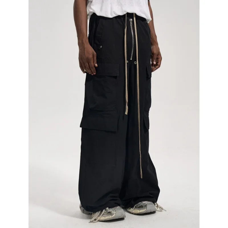 2024 High Street Vintage Zippered Side Pocket Loose-Fit Men's Casual Pants Baggy Workwear Bell Bottoms Streetwear Black