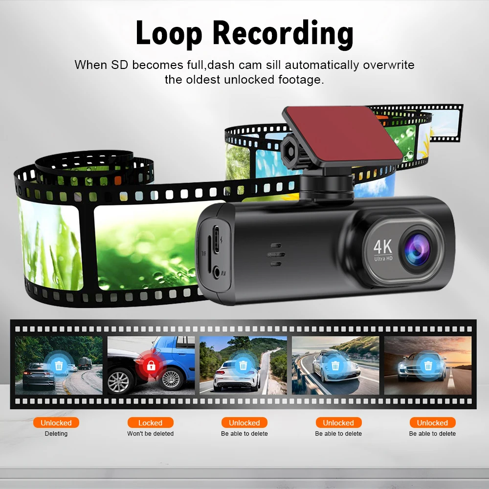 Front and rear 4K driving recorders,  Wi Fi and application control, G-Sensor, Night vision， Wide angle, loop playback, Parking