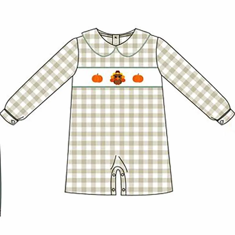 Baby Cotton Long Sleeve T-shirt Set Round Neck Turkey And Pumpkin Embroidery Boy Top Clothes And Green Suit Romper With Bow