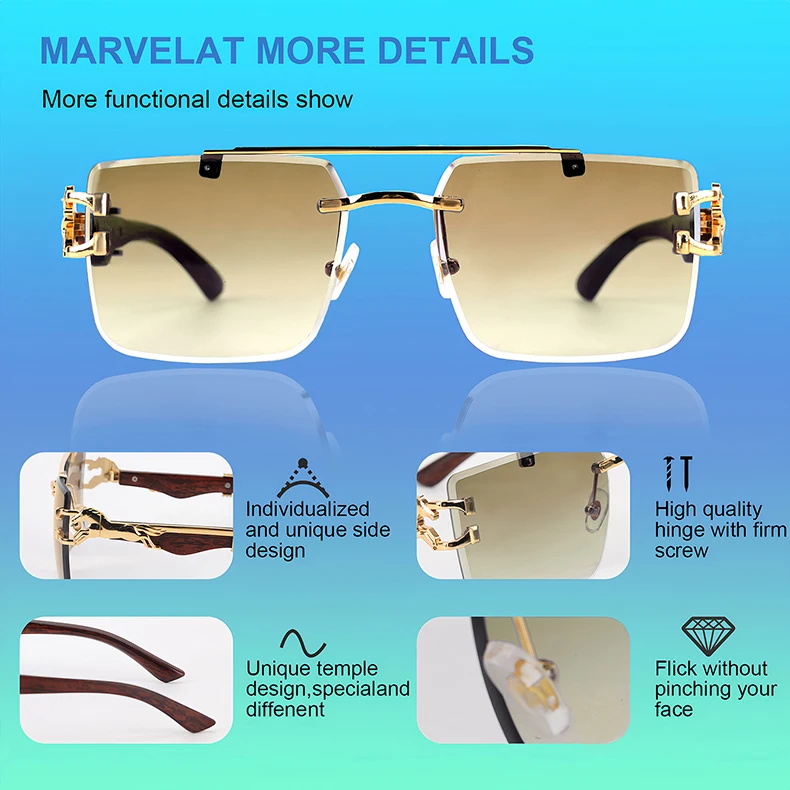 Holzmaserung Sonnenbrille Damen Trendy 2024 Randlose Sonnenbrille Herren Vintage Designer Mode-Brillen Lentes De Sol Mujer Zonnebril – Detail 12