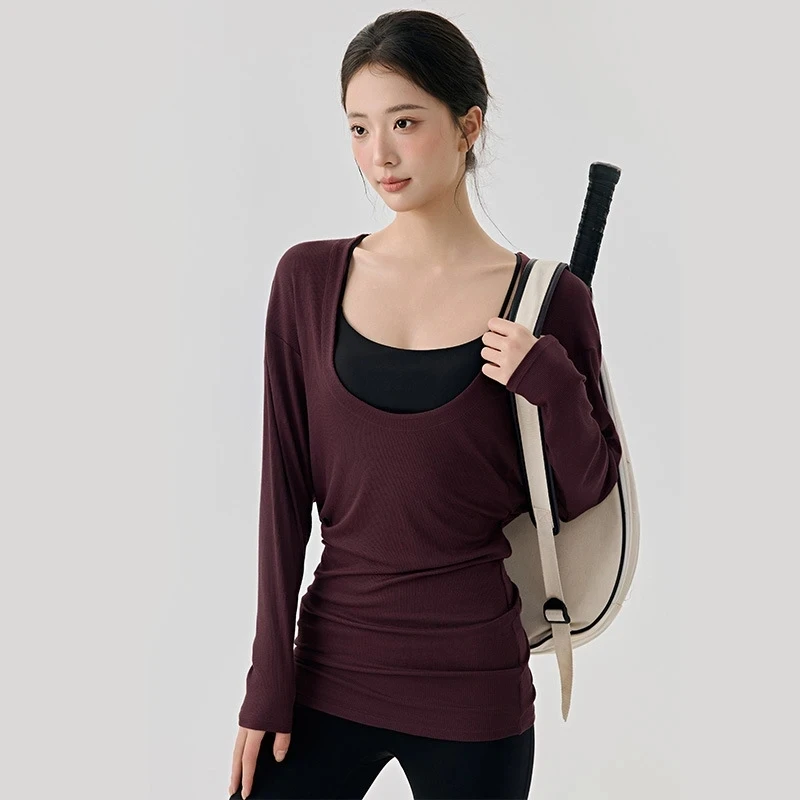 Loose Fitness Blouse with Large U-neck Sexy Training Jacket Long Style That Covers Buttocks and Awkward Lines Soft for Women