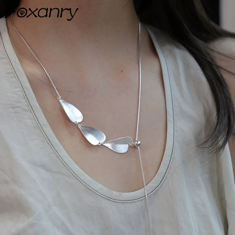 Foxanry Non-fading Silver Color Sweater Necklace For Women Girl New Fashion Simple Scrub LOVE Heart Geometry Bride Jewelry Gift