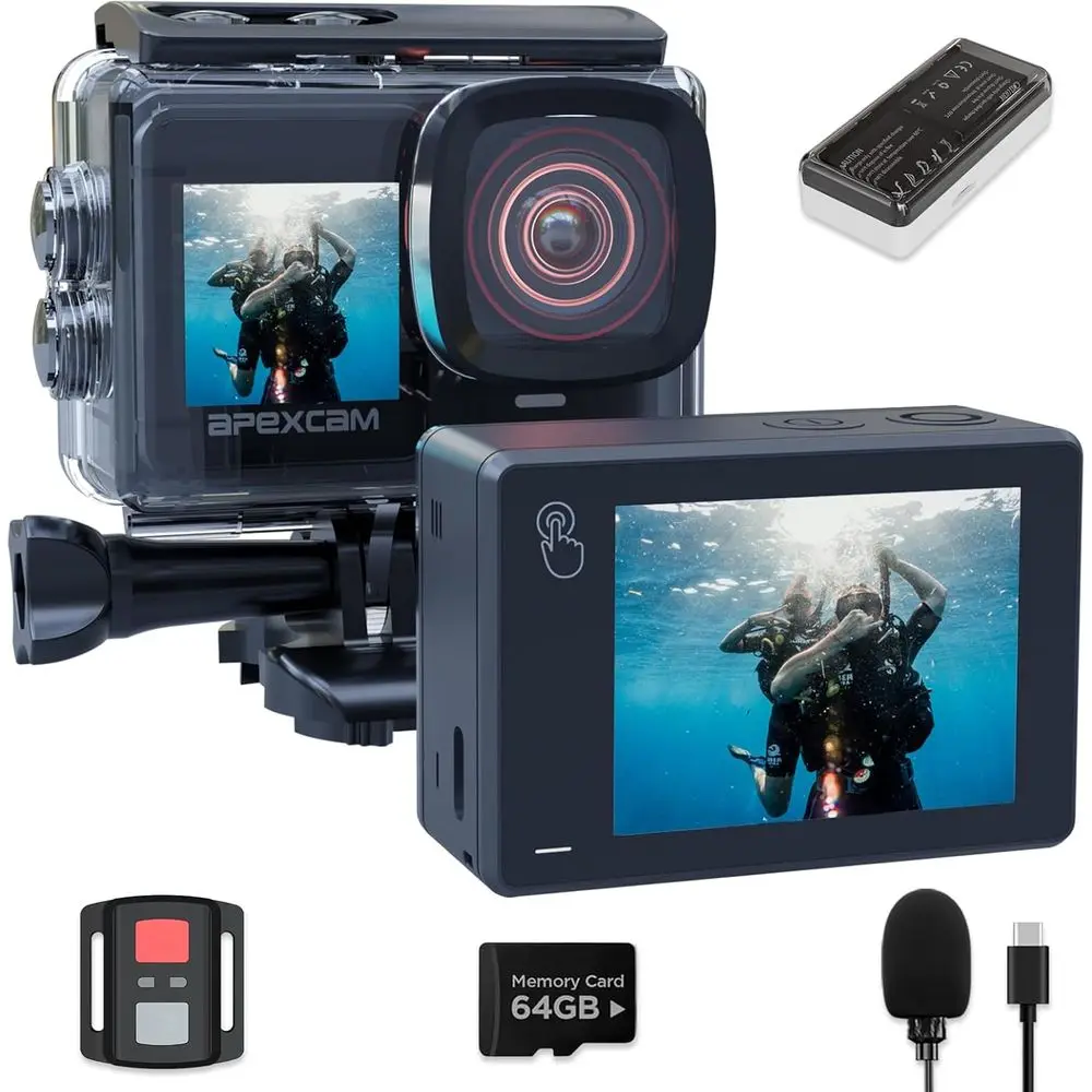 4K60fps Action Camera with 8x Zoom, 48MP, 64GB Card, EIS, 2 Batteries, and 2.4G Remote for Sports and Underwater Adventures