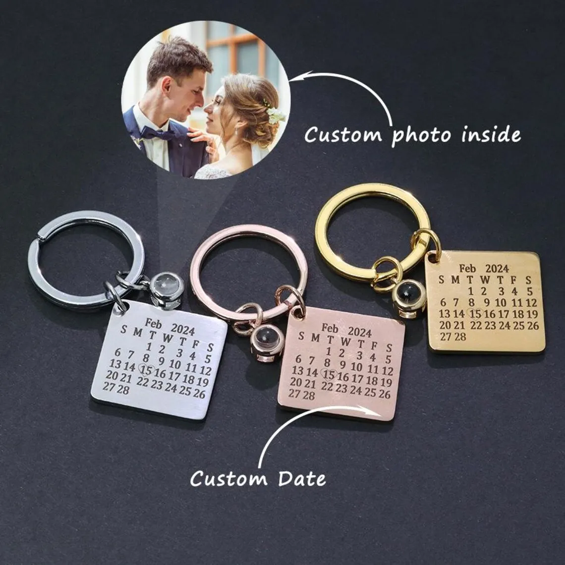 

Custom Photo Projection Keychain Stainless Steel Laser Engraved Calendar Date KeyChain Anniversary Gift Jewelry For Family Lover