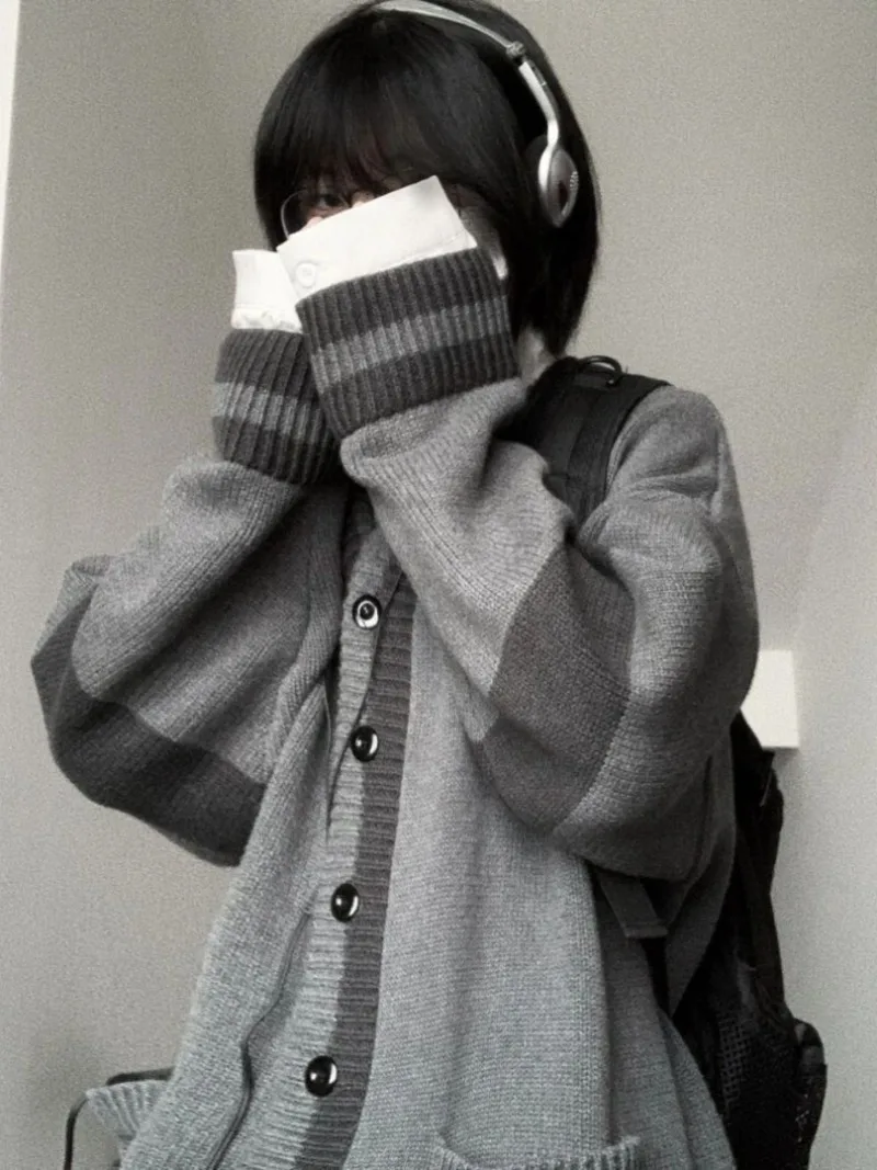 Grey Long Sweaters Coat V Neck Preppy Style Knit Sweater Women Autumn Single Breasted Cotton Warm Cardigan Patchwork