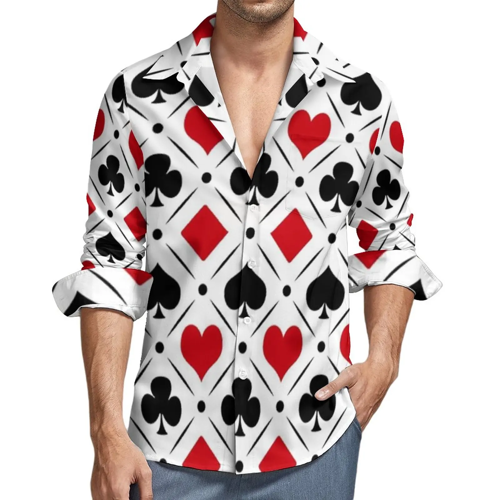 

Poker Symbols Casual Shirts Male Playing Card Suits Shirt Long Sleeve Trending Funny Blouses Spring Graphic Clothing Plus Size