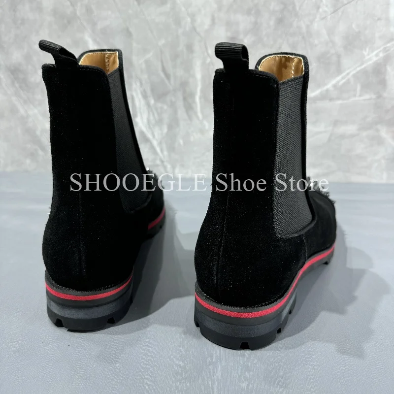Black Rivet Cow Suede Men’s Boots Round Toe Thick Bottom Shoes For Men Fashion 2025 Autumn Winter Slip-on Ankle Boots