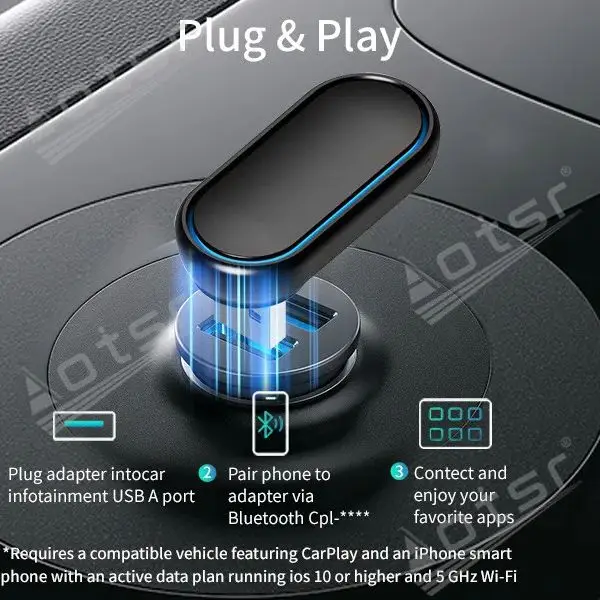 Conversor USB com fio para conversão sem fio CARPLAY sem fio com iluminação ambiente rotativa e de 7 cores para todos os veículos