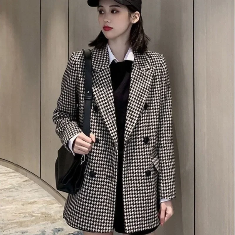 Velvet Warm Blazer Woman Winter Long Coats for Women Plaid Check Outerwears Tweed Outdoor Wool & Blend Youthful Clothes Jacket