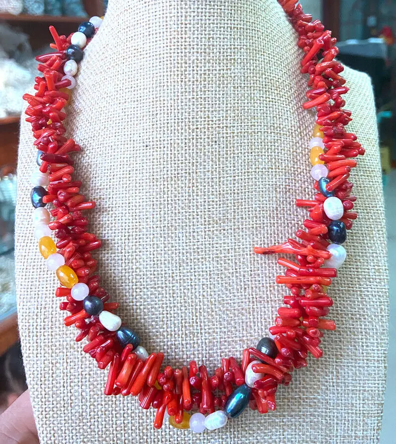 

Natural 3 Row Red Coral Seedings Rice Jade Pearl Gemstone Necklace 18"