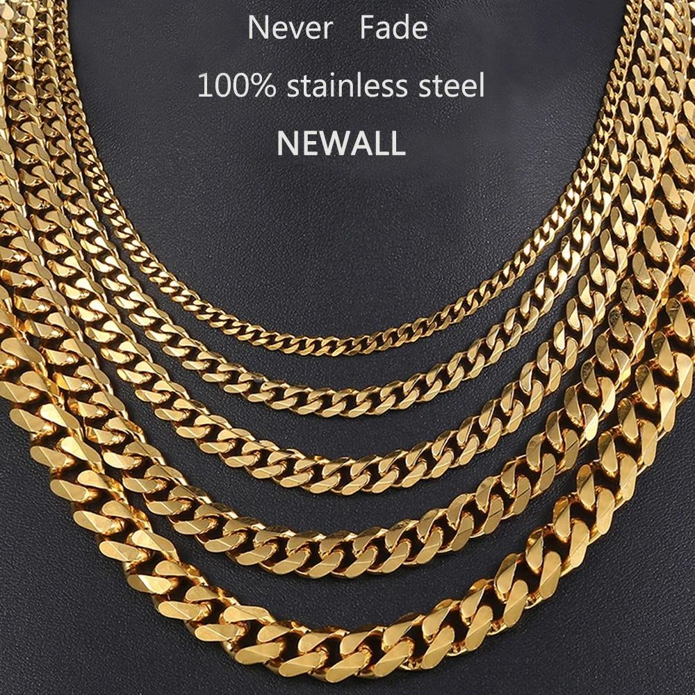 3/5/7/9/11mm Width Stainless Steel Men Women Six-side Chain Necklace Gold Silver Plated Unisex  Jewelry Wholesale Drop Shipping