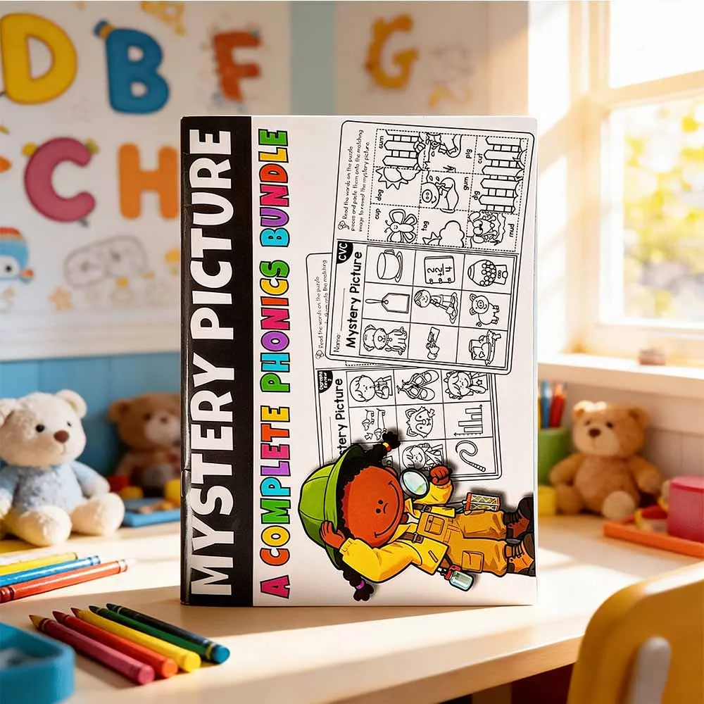 Mystery Picture Phonics Workbook for Kids - CVC Word Family Cut and Paste Reading Practice, Early Learning Activity Book