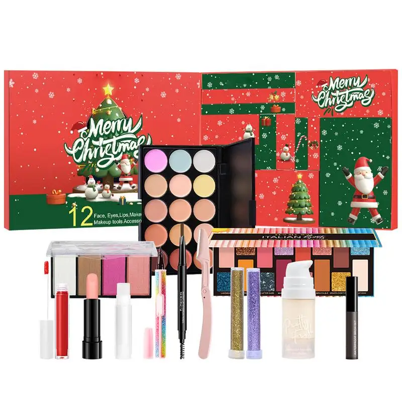 Calendrier de compte à rebours de Noël, kit de maquillage pour le visage, rouge à lèvres, ombre à barrage, correcteurs, cosmétiques, coffret cadeau, 12 pièces