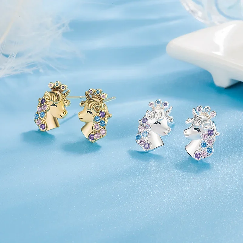 Xingyunday Cute Crown Unicorn Charms Stud Earrings for Kids Girls Colorful Zircon Ear Stud Child Silver Gold Color Jewelry Gifts