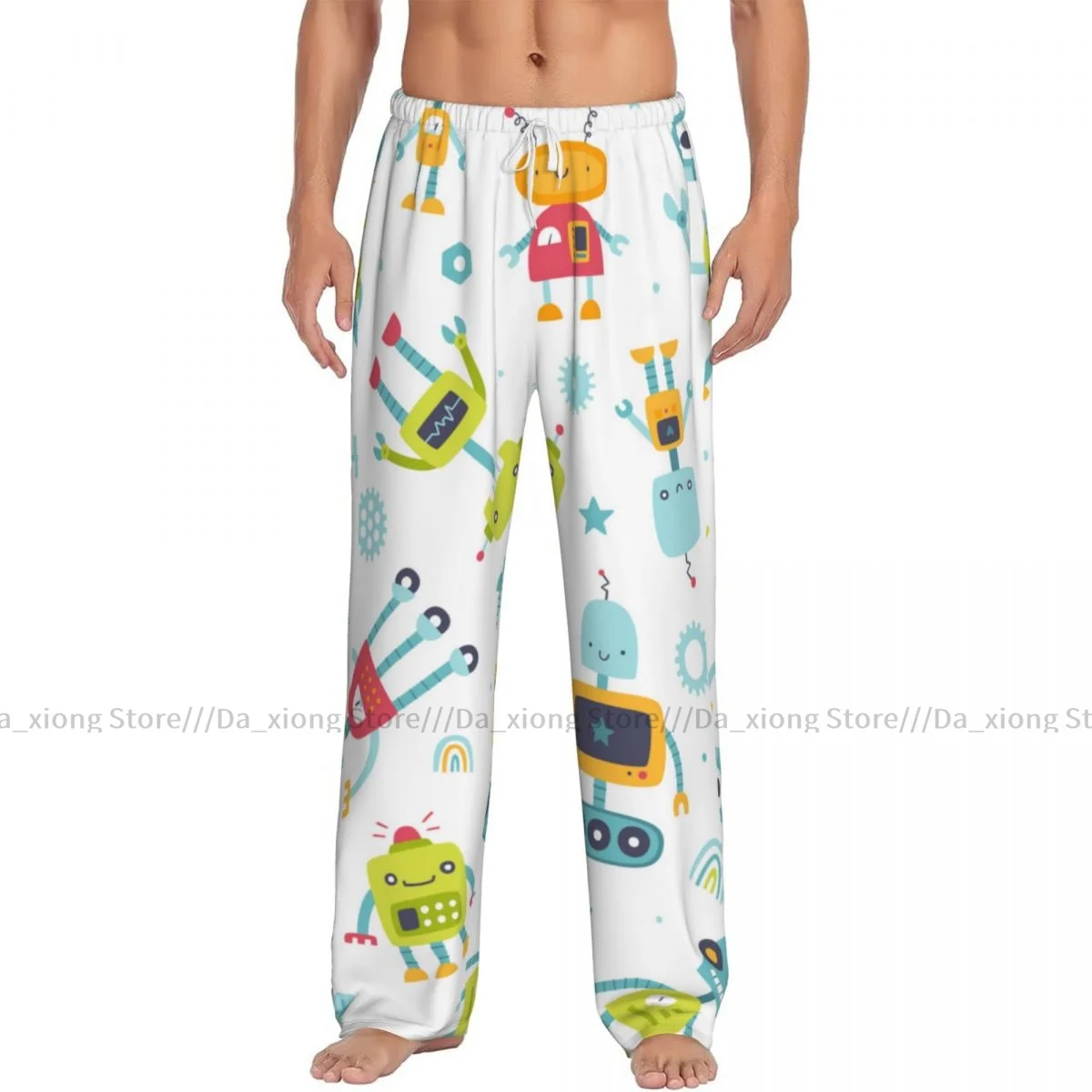 Men\'s Sleepwear Loose Sleep Pants Pajamas Cute Diverse Colorful Robots Long Lounge Bottoms Casual Homewear