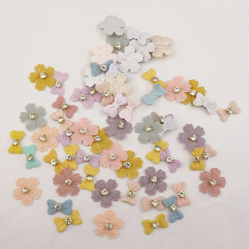 100pcs 22mm Bowknots/Flower With Rhinestone Appliques Patches DIY Headwear Material Clothes Hat Shoes Brooch Hair Accessories