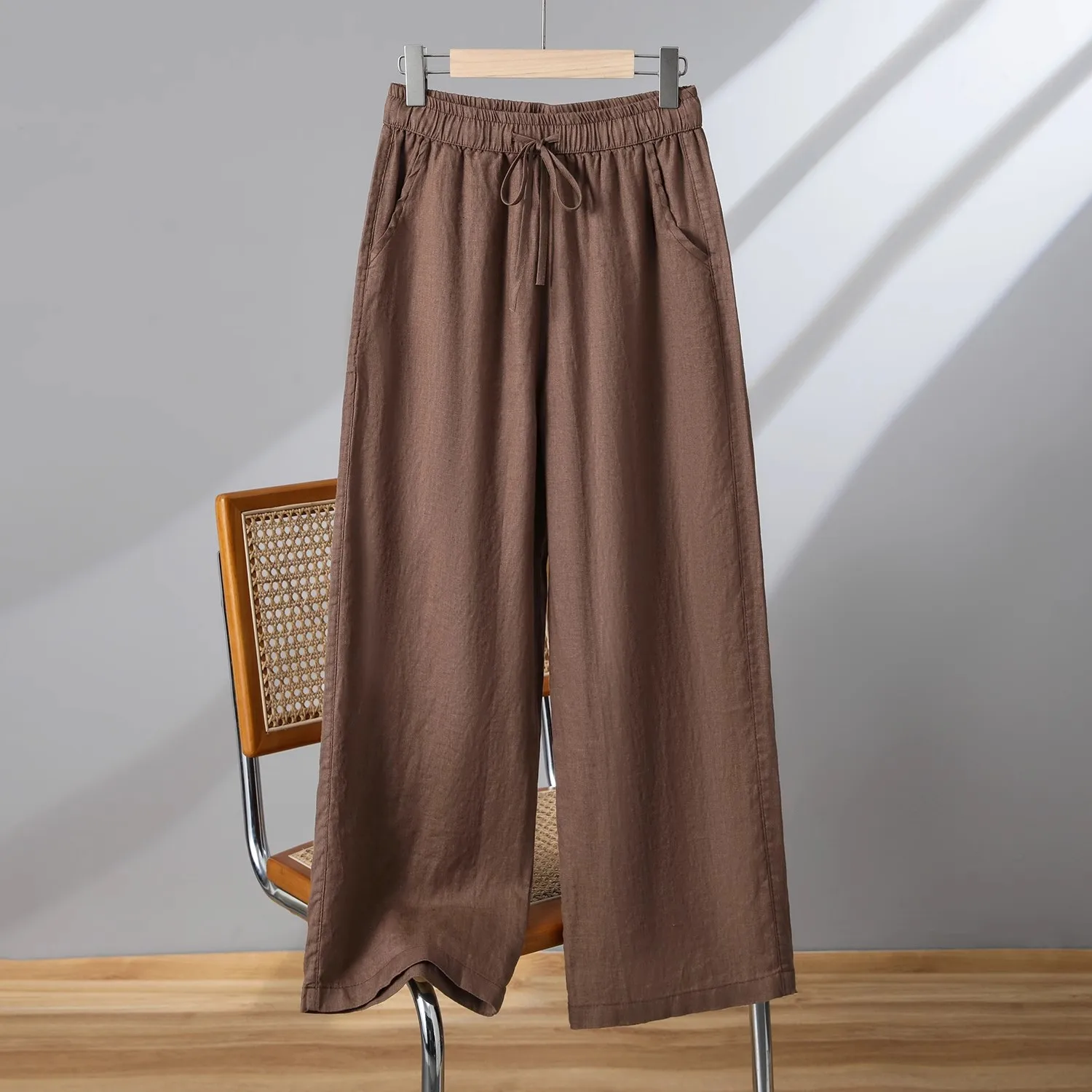 XIZOU Casual Cotton Linen Wide Leg Pants Women's Summer New Sle Slimming Loose Straight Tube Linen Nine Points Pants