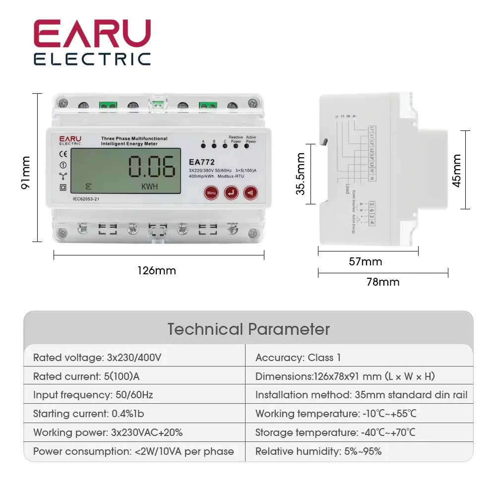 Three Phase Multifunctional Intelligent Bi-Directional Energy Meter 100A 50/60Hz kWh Power Comsumption Monitor Lcd Display Meter