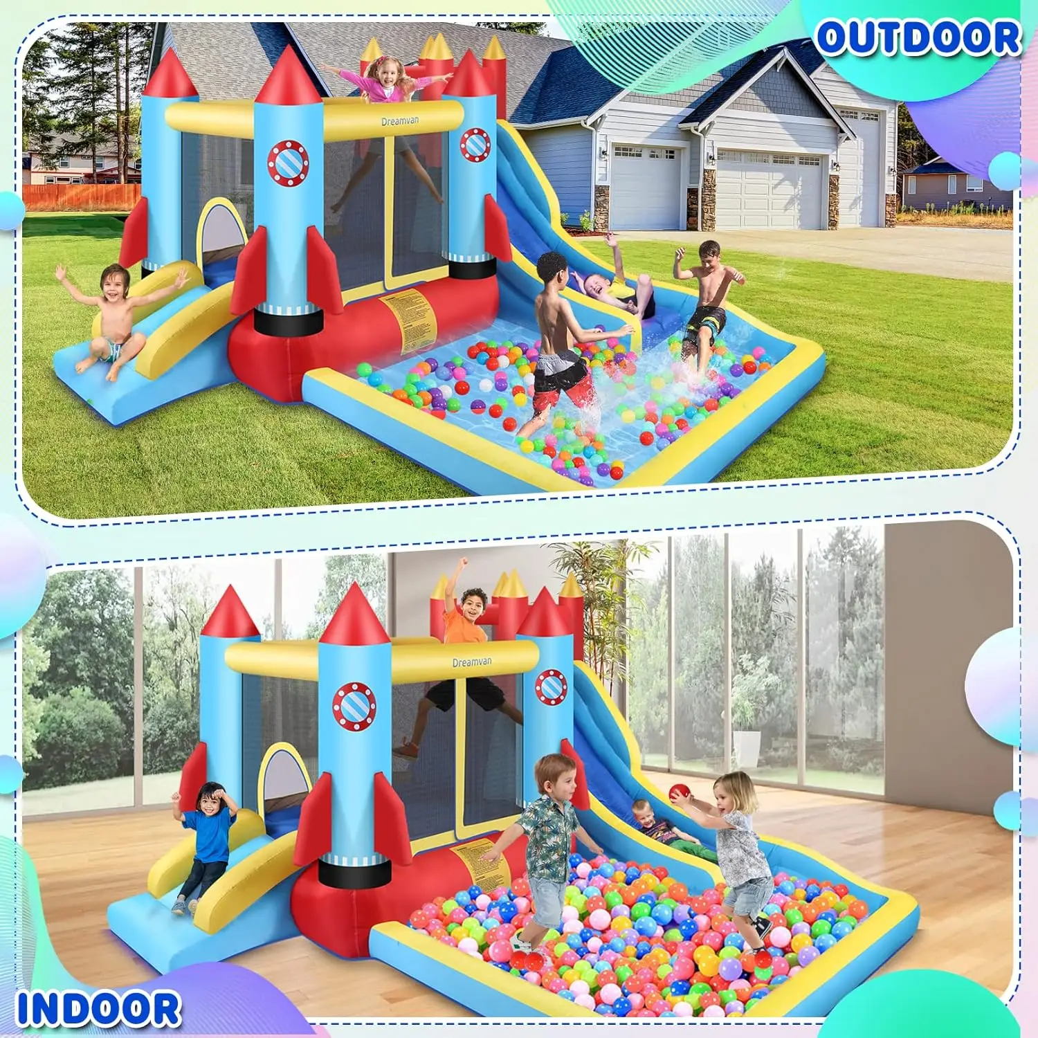 Bounce House dla dzieci 13x11 stóp zewnętrzny dmuchany dom z dmuchawą zamek do skakania ścianką wspinaczkową ze zjeżdżalnią wodną i pluskiem basenu,