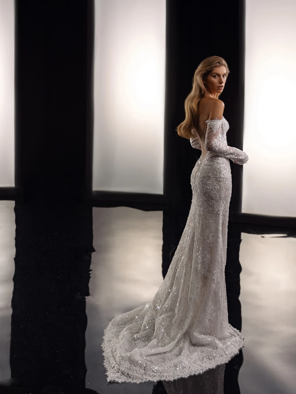 Detachable Tiered Train Long Wedding Dress Sparkly Beaded Lace Mermaid Bridal Gown Customized Off Shoulder Dresses For Bride