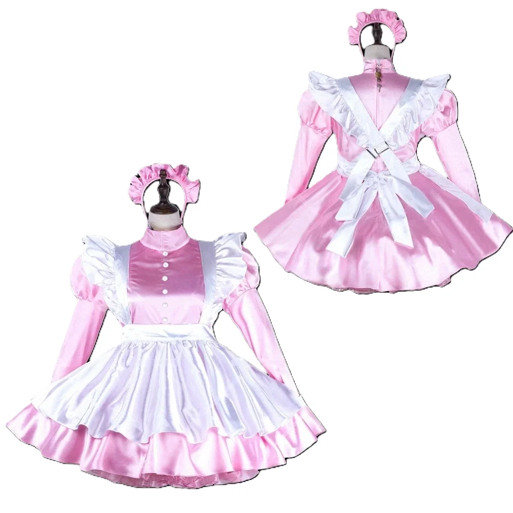 

Sexy sissy girl French maid pink satin lockable ruffle edge dress cosplay costume customizable