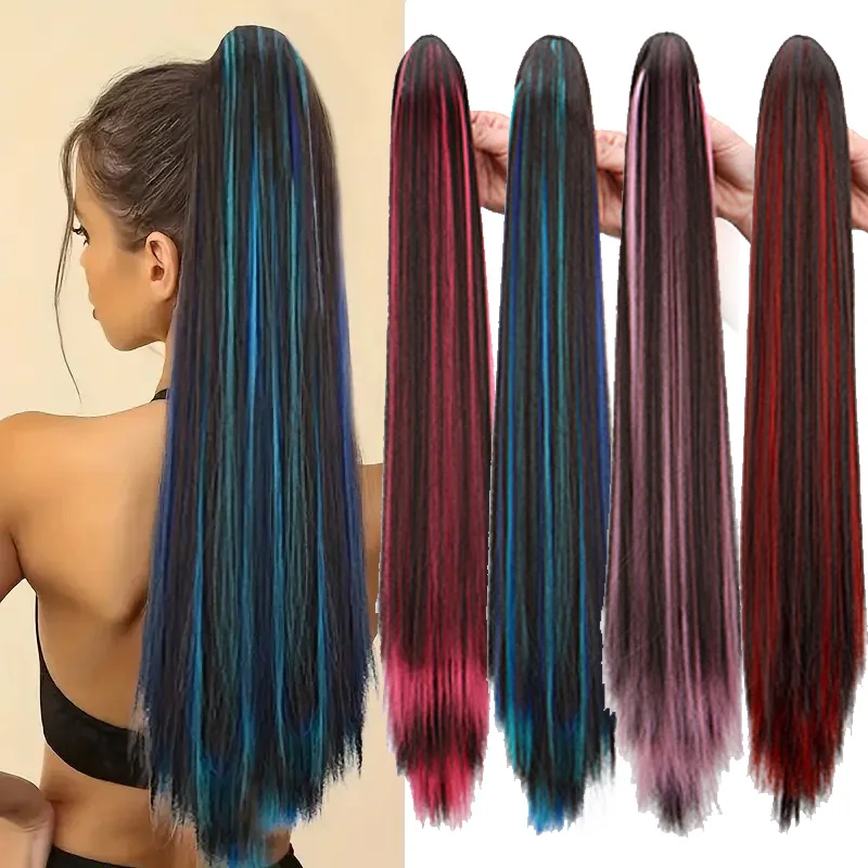 

24Inch Synthetic Long Straight Highlight Colors Ponytail Claw Clip in Hair Extension Blue Red Hairpiece for Women
