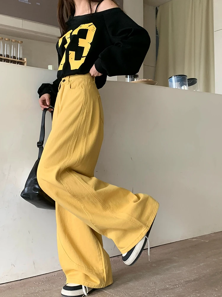 

New American High Waist Chicly Women Jeans Solid Color Slim Loose Woman Jeans Simple Basic Fashion Yellow Wide Leg Pants Female