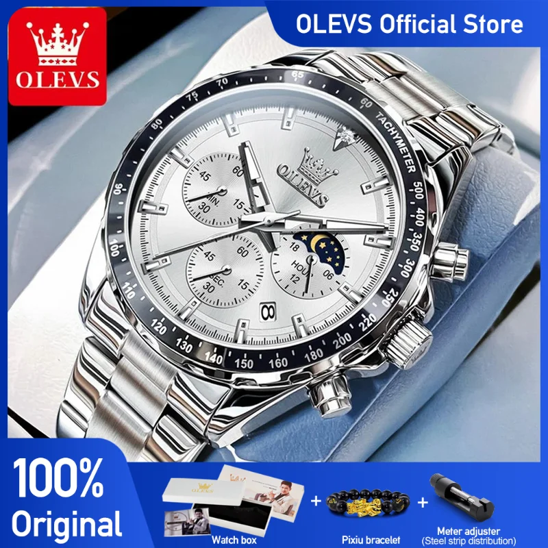 OLEVS 2945 Watches For Men Original Fashion Quartz Wristwatch Waterproof Luminous Moon Phase Date Chronograph New Reloj Hombre