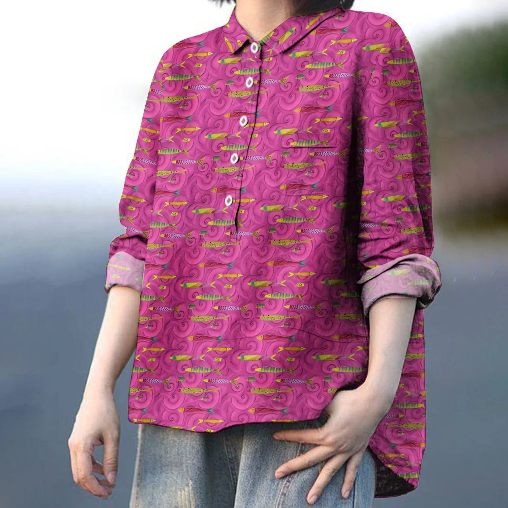 

Rose-red women's lapel shirt Casual loose chic sardine print long sleeve designer new shirt for holiday wear, women's casual top