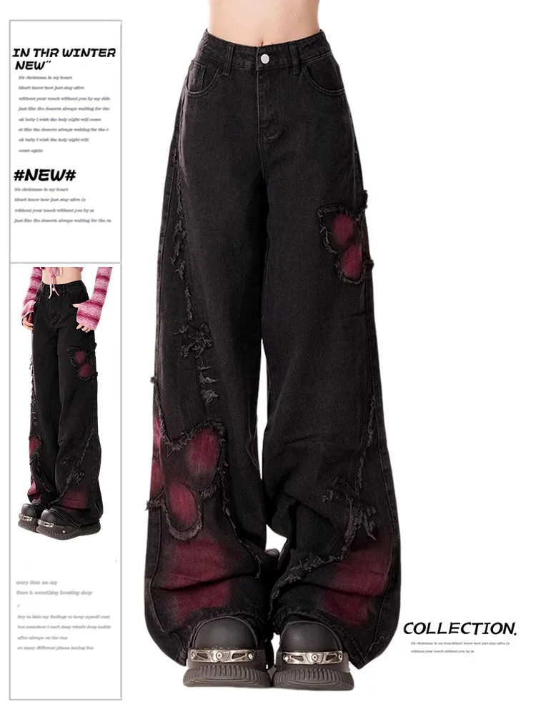 

2026 Women's Y2K Butterfly Wide Leg Jeans Vintage High Waist Flared Denim Pants Casual Streetwear Spring Summer Trousers