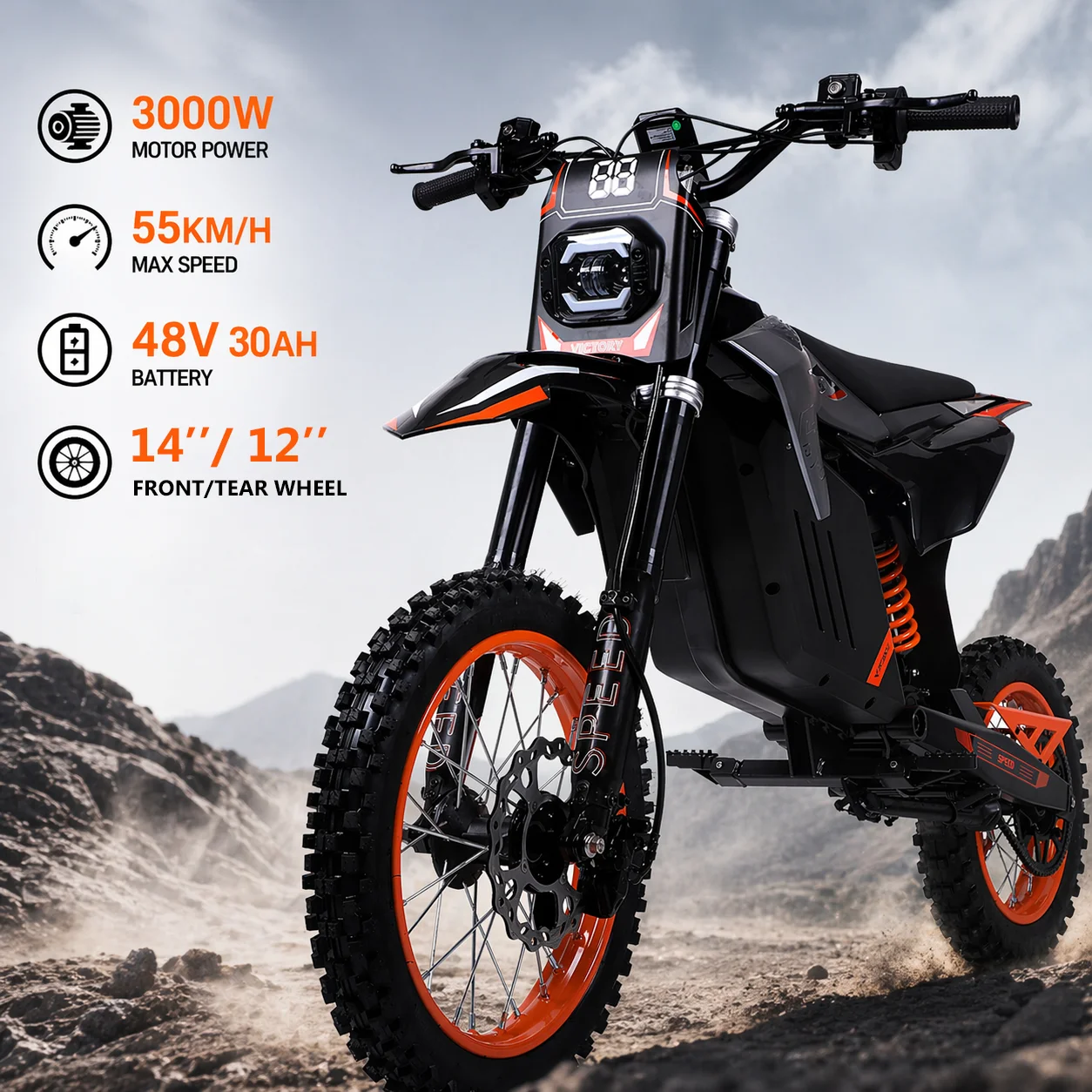 

FREEBOY 3000W Electric Dirt Bike for Teens&Adults, 34mph, 48V 30Ah Battery, Off Road Electric Motorcycle with 14''/12'' Tires