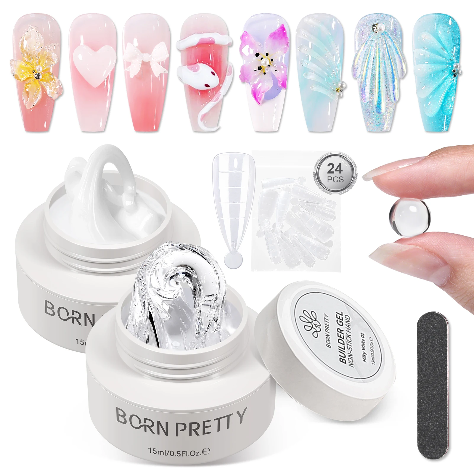 Born bonito claro antiaderente mão extensão unha polonês kit com dicas de unhas buffer 3d moldar arte do prego emboss gel duro 15ml