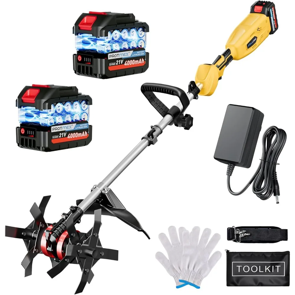

Cordless Tiller Cultivator, 21V 450RPM Electric Tiller with Battery Level Display, 2 * 4.0Ah Batteries & Charger, Tiller for Gar