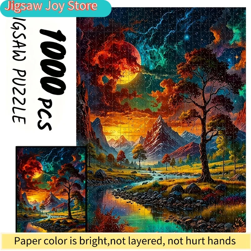 

1000pcs Adult Puzzle | Mysterious Forest Mountain Night Scene with Moon, Stars, River, Trees | 19.69x27.56inch Wall-Mountable,