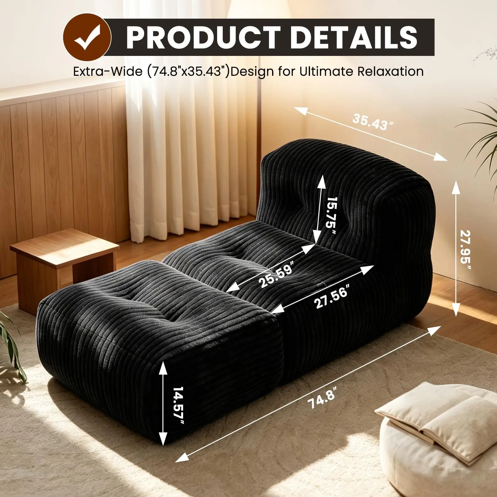 Big Bean Bag Chair for Adults, Large Corduroy Memory Foam Sofa for Bedroom