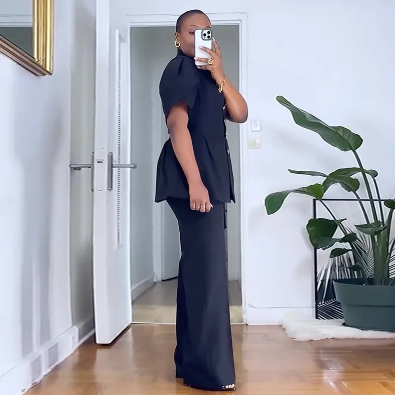 أنيقة 2 قطعة مجموعة بناطيل رجالي للمرأة بلون زهرة برعم كم بلوزة أعلى + مستقيم الساق السراويل مطابقة الإناث الشارع الشهير #3